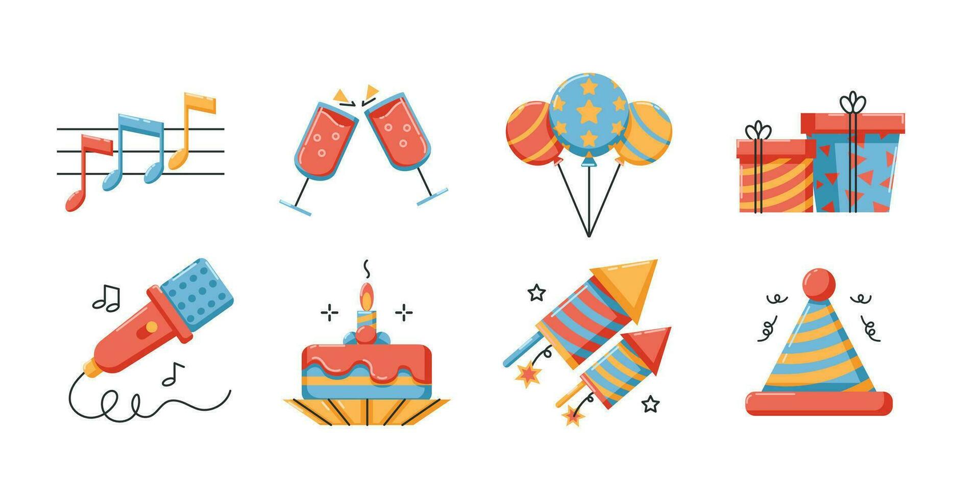 Birthday party icons set. music, karaoke microphone, cake, firecrackers, balloons, hats, cheers cups and gifts. Suitable for websute and social media vector