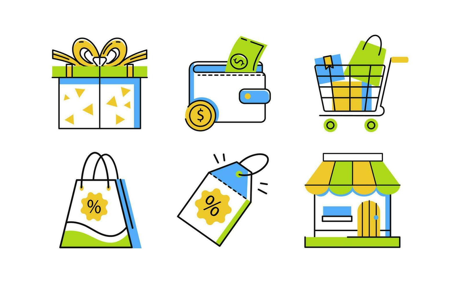 compras icono colocar. paquete, billetera, regalo, compras bolsa, descuento etiqueta, tienda y carretilla. adecuado para sitio web y social vector