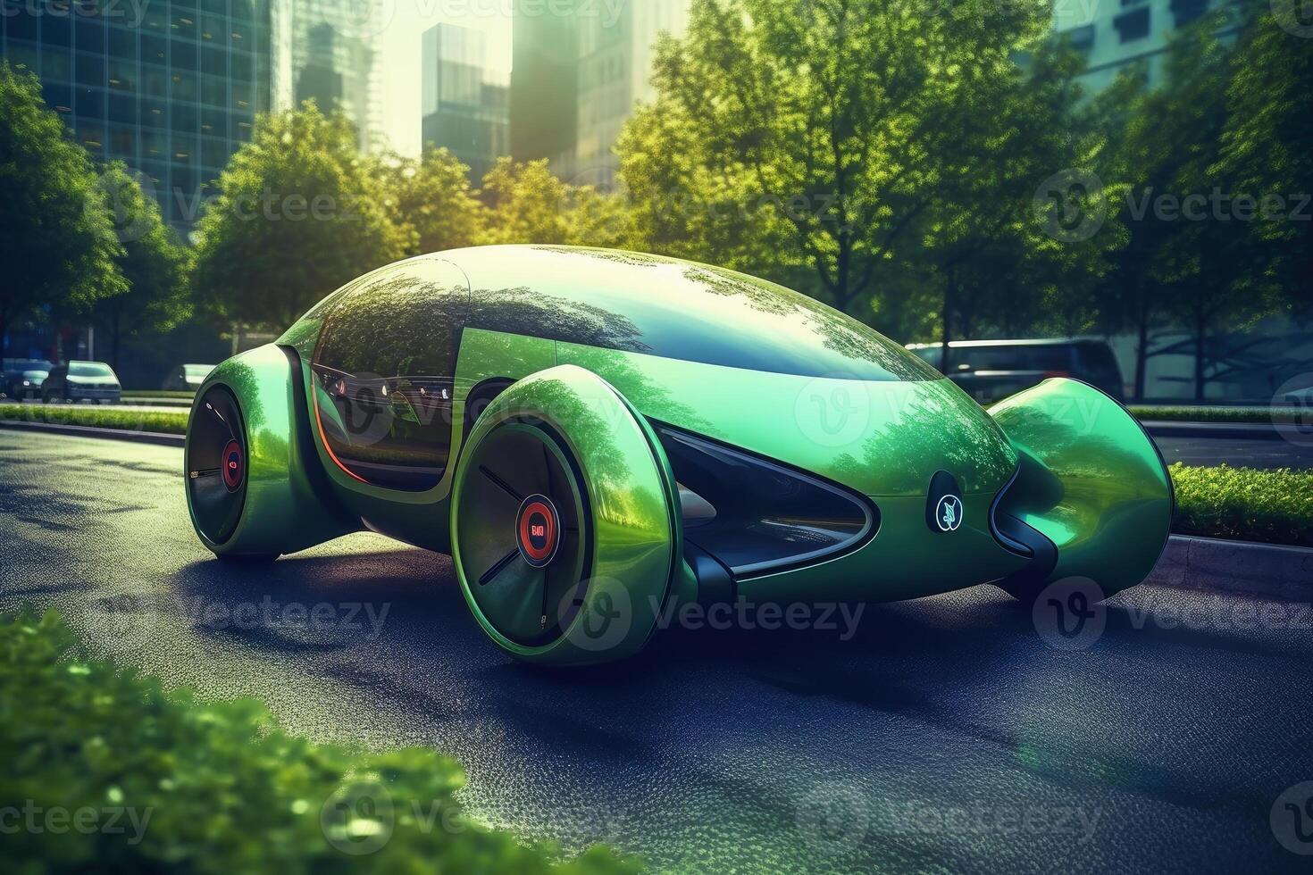 Futuristic electric car in a green city created with technology. photo