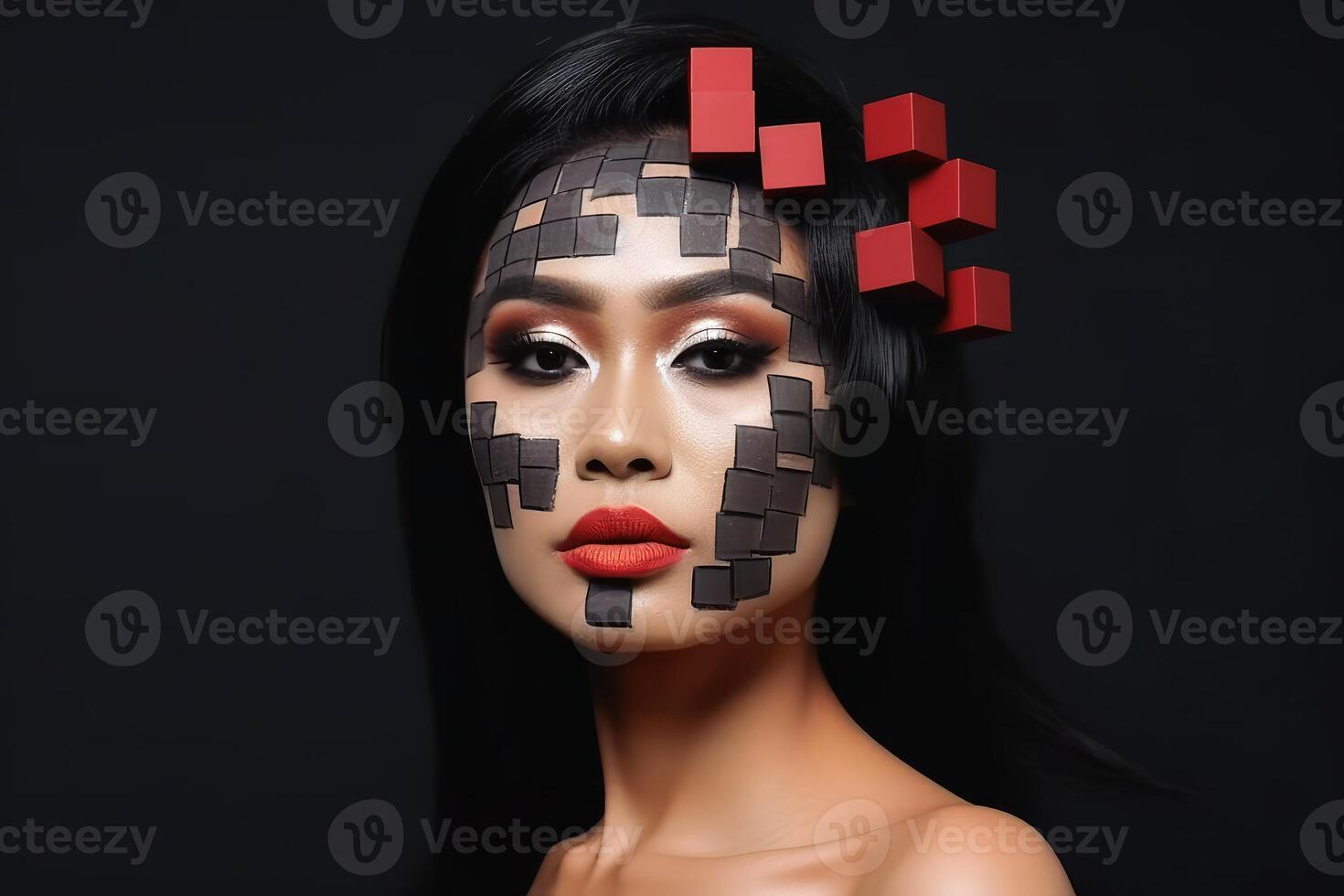 A woman with a cubic face make up created with generative AI technology. photo