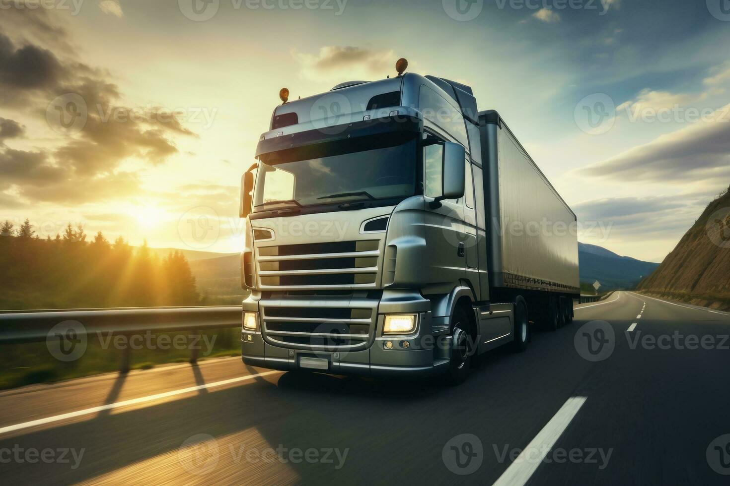 A modern truck on a highway created with generative AI technology. photo