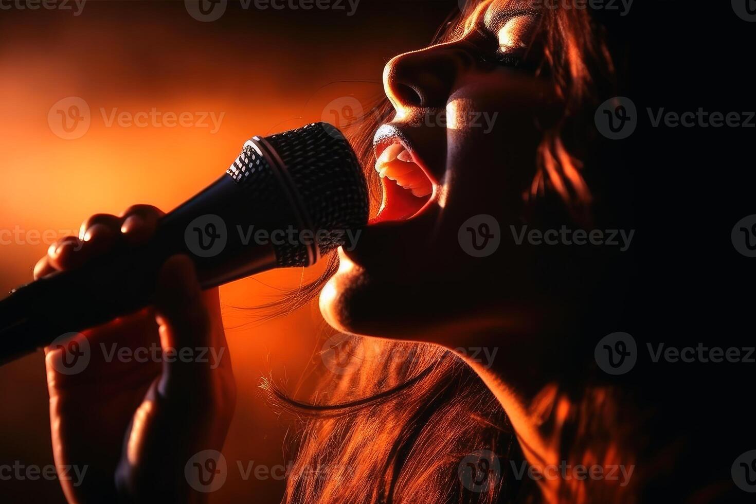 A female singer with a microphone created with technology. photo