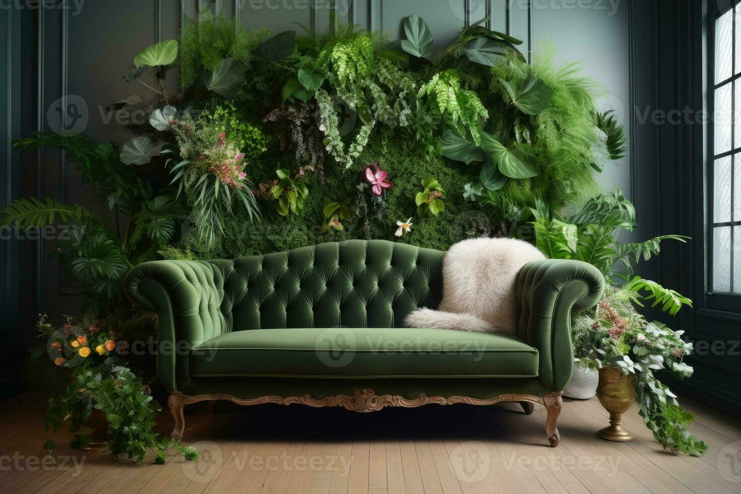 A sofa inbetween lots of plants in a room. photo