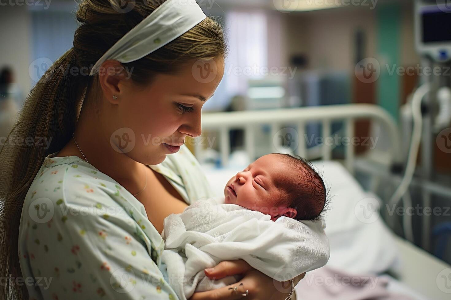 A mother holds her just born baby in her arms in a hospital bed created with generative AI technology. photo