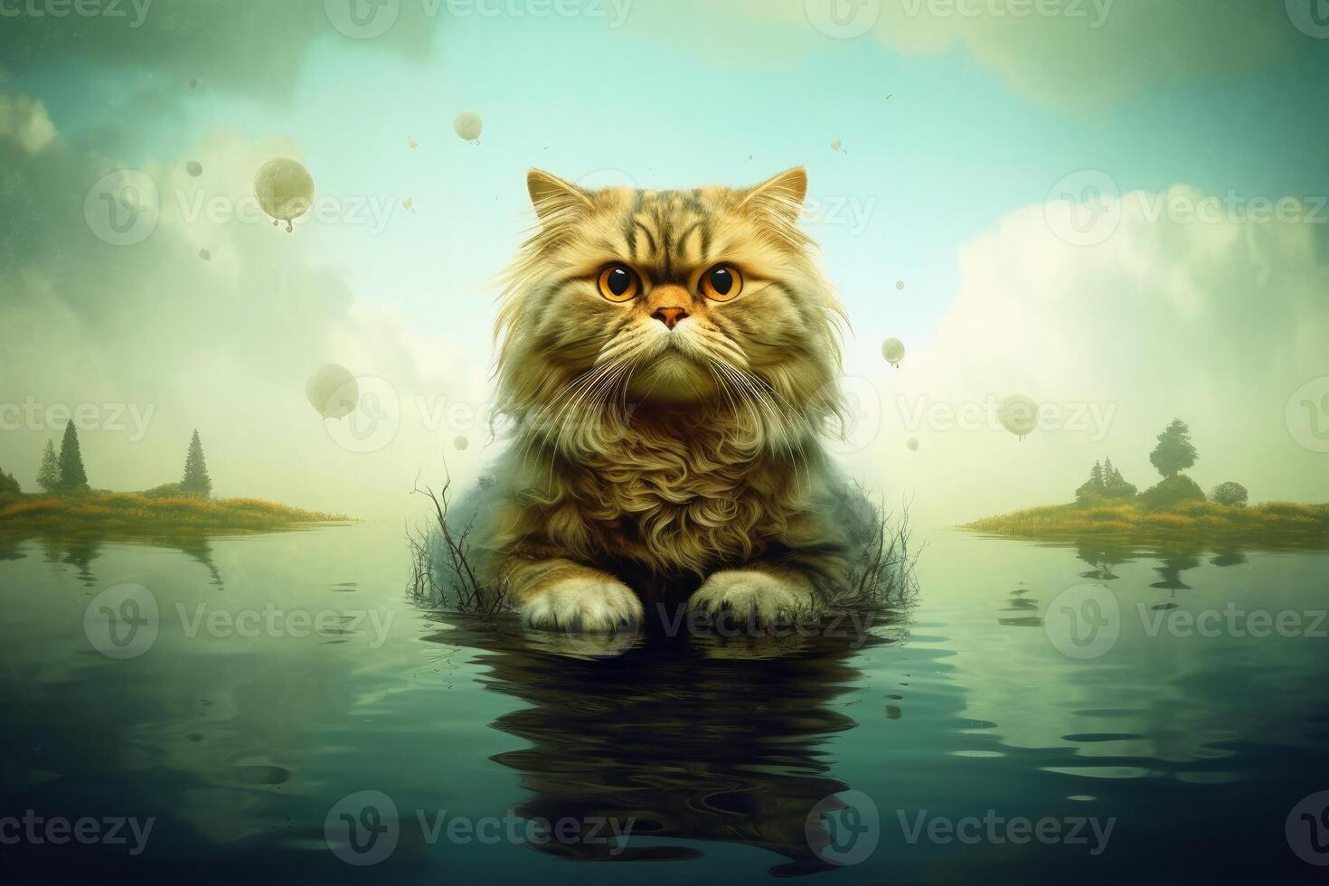 A Surreal grumpy cat created with generative AI technology. photo