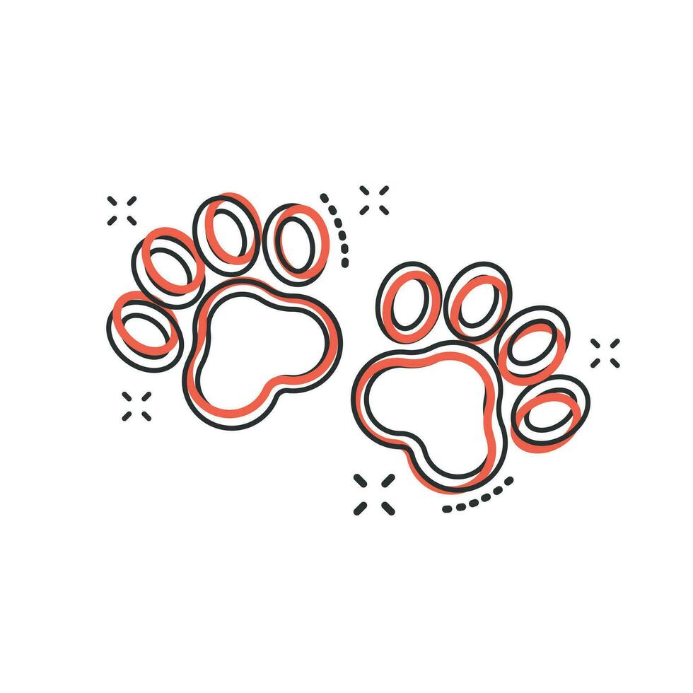 Vector cartoon paw print icon in comic style. Dog or cat pawprint sign illustration pictogram. Animal business splash effect concept.