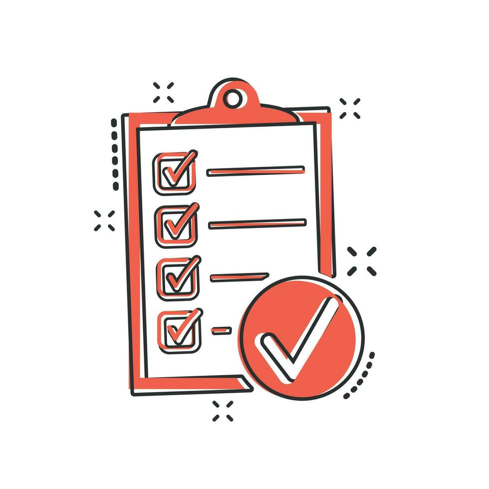 Vector cartoon checklist icon in comic style. Checklist, task list sign illustration pictogram. Survey business splash effect concept.