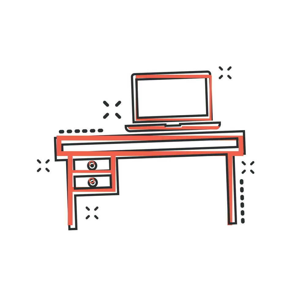 Vector cartoon furniture table with laptop computer icon in comic style. Table sign illustration pictogram. Furniture business splash effect concept.