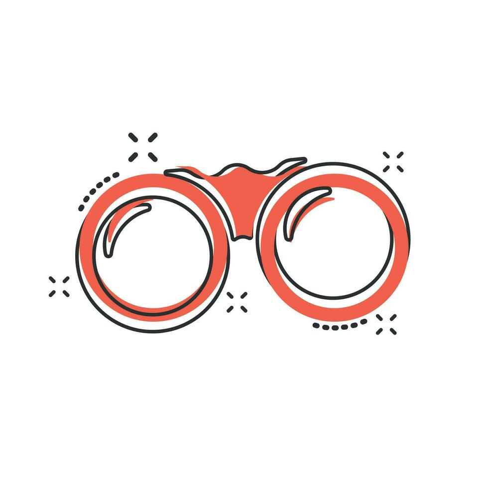 Vector cartoon binocular icon in comic style. Binoculars explore sign illustration pictogram. Binocular business splash effect concept.