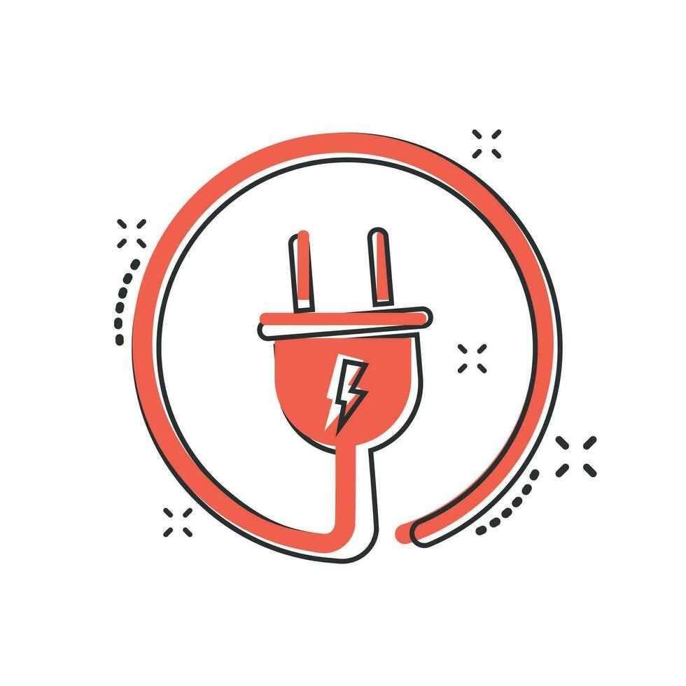 Vector cartoon electric plug icon in comic style. Power wire cable sign illustration pictogram. Wire business splash effect concept.