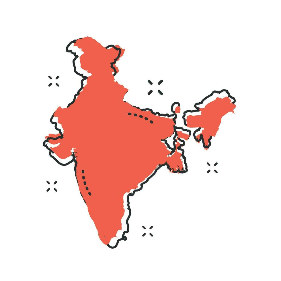 Cartoon India map icon in comic style. India illustration pictogram. Country geography sign splash business concept. vector