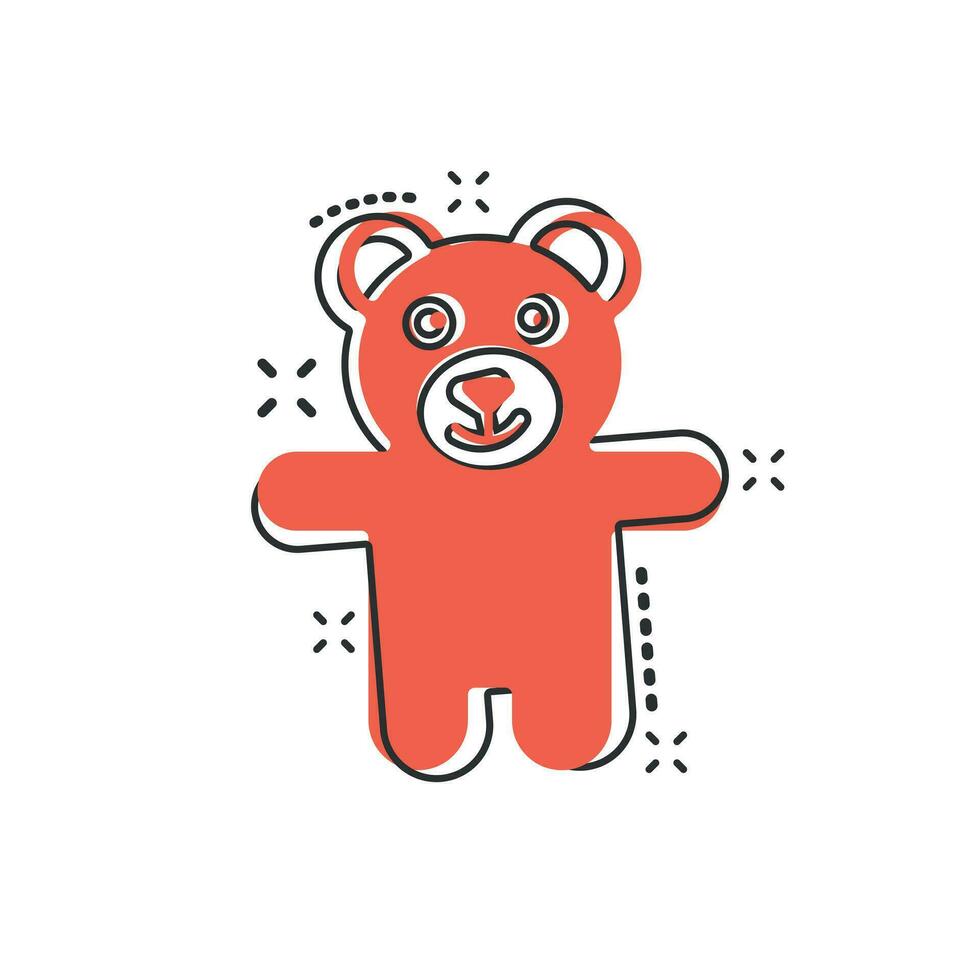 Vector cartoon teddy bear plush toy icon in comic style. Teddy toy sign illustration pictogram. Bear business splash effect concept.