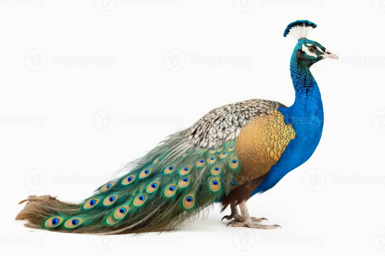 A beautiful peacock on a white background created with generative AI technology. photo