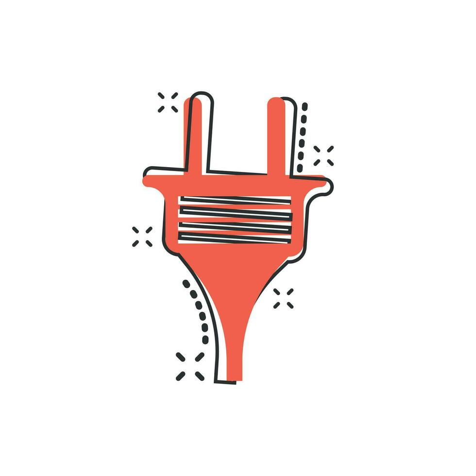 Vector cartoon electric plug icon in comic style. Power wire cable sign illustration pictogram. Wire business splash effect concept.