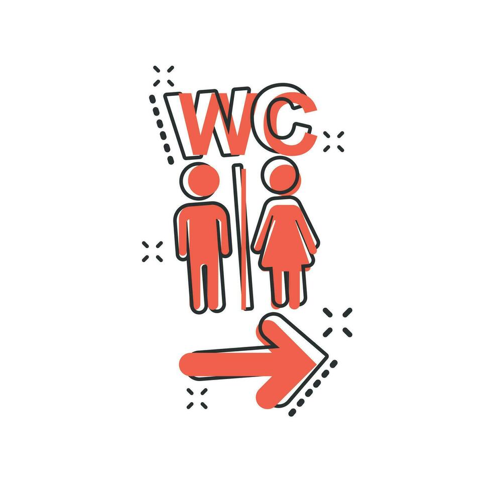 wc de dibujos animados vectoriales, icono de baño en estilo cómico. pictograma de ilustración de signo de baño de hombres y mujeres. concepto de efecto de salpicadura de negocio wc. vector