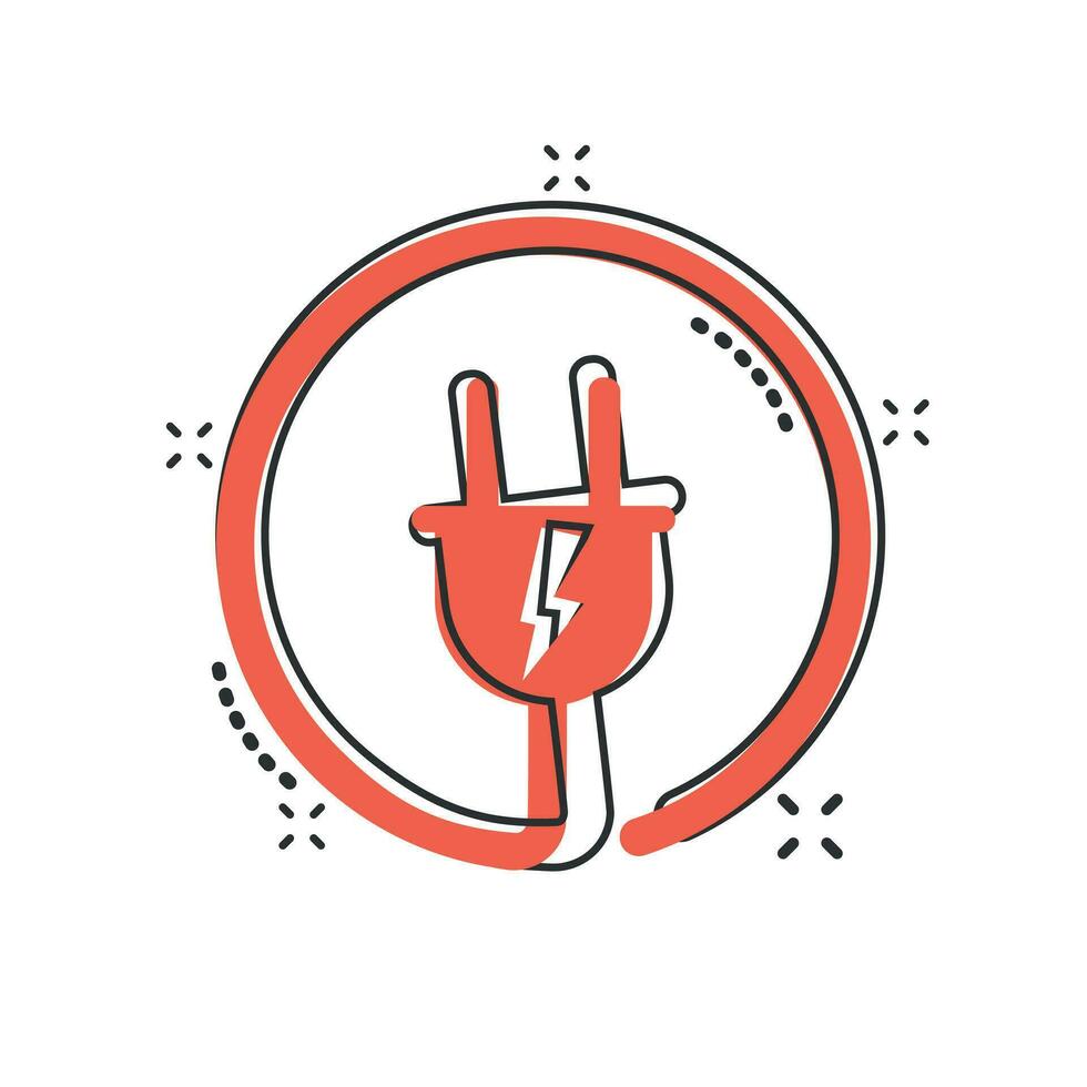 Vector cartoon electric plug icon in comic style. Power wire cable sign illustration pictogram. Wire business splash effect concept.