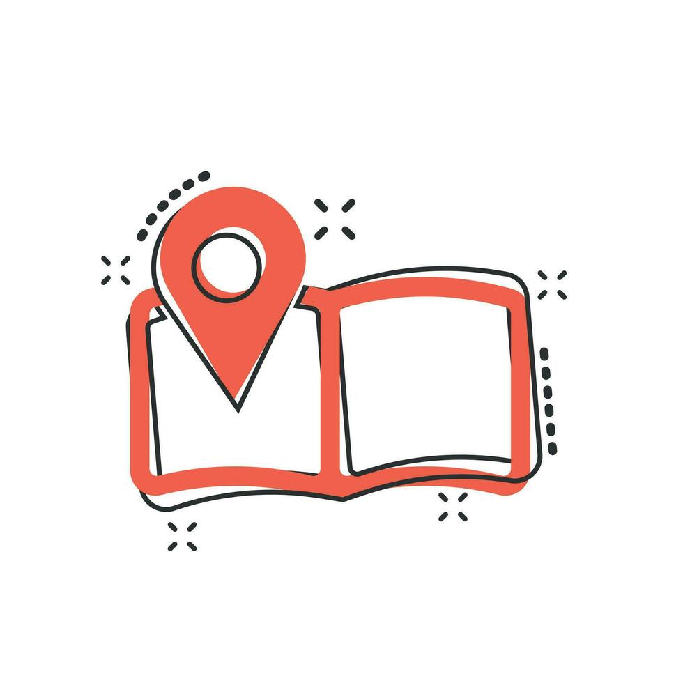 Vector cartoon pin on the map icon in comic style. Map gps sign illustration pictogram. Navigation business splash effect concept.