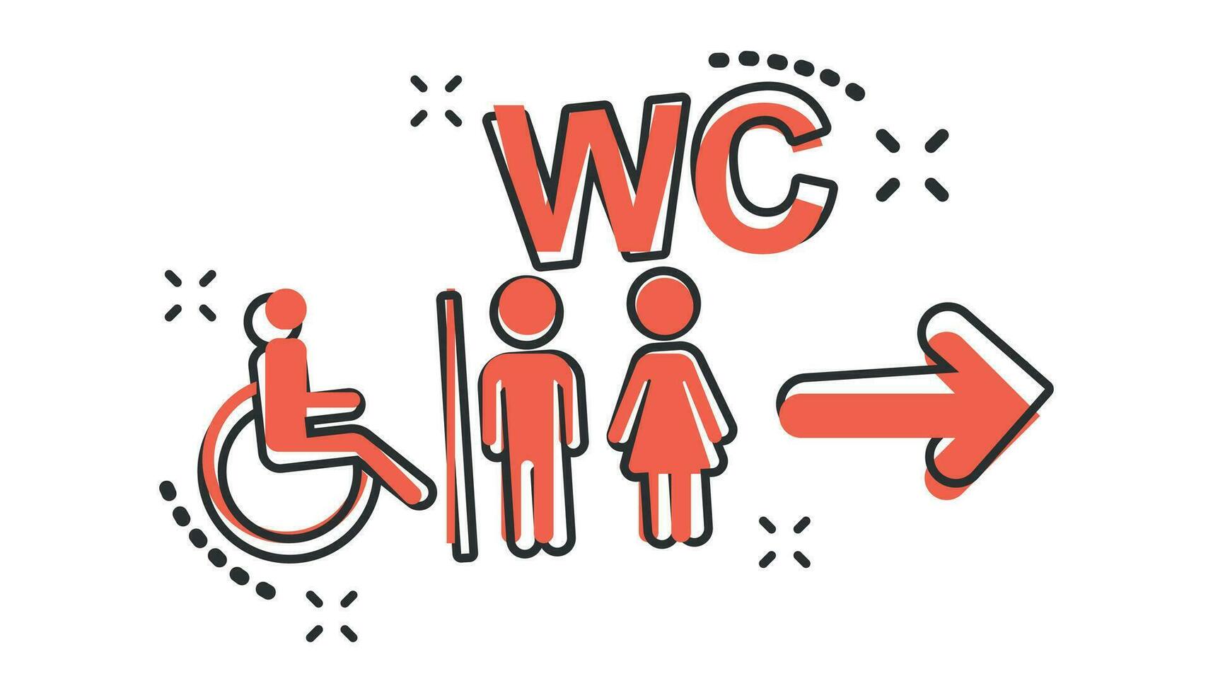 Vector cartoon WC, toilet icon in comic style. Men and women restroom sign illustration pictogram. WC business splash effect concept.