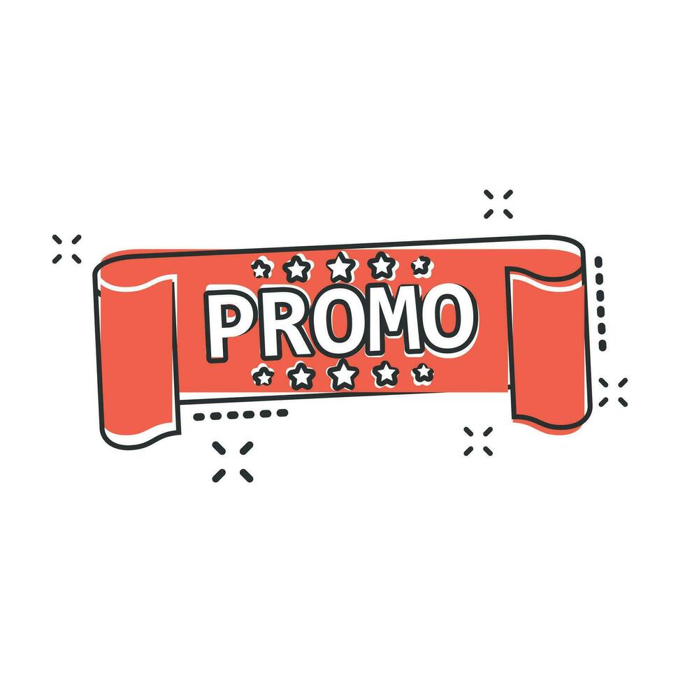 Vector cartoon promo ribbon icon in comic style. Discount sticker label sign illustration pictogram. Promo business splash effect concept.
