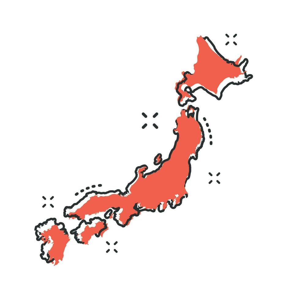 dibujos animados Japón mapa icono en cómic estilo. Japón ilustración pictograma. país geografía firmar chapoteo negocio concepto. vector