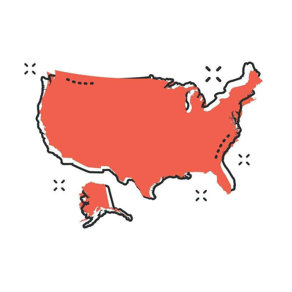 Cartoon America map icon in comic style. USA illustration pictogram. Country geography sign splash business concept. vector