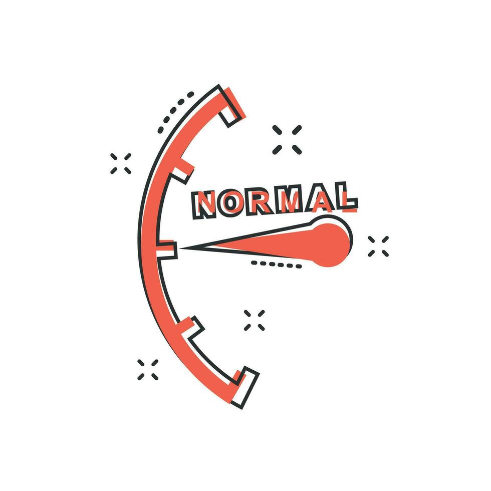 Cartoon normal level icon in comic style. Speedometer, tachometer sign illustration pictogram. Normal level splash business concept. vector