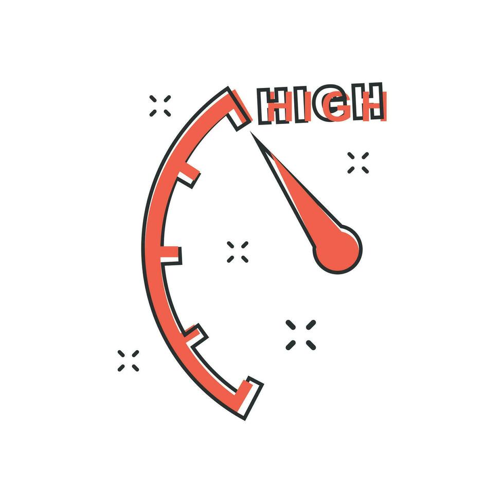 Cartoon high level icon in comic style. Speedometer, tachometer sign illustration pictogram. High level splash business concept. vector