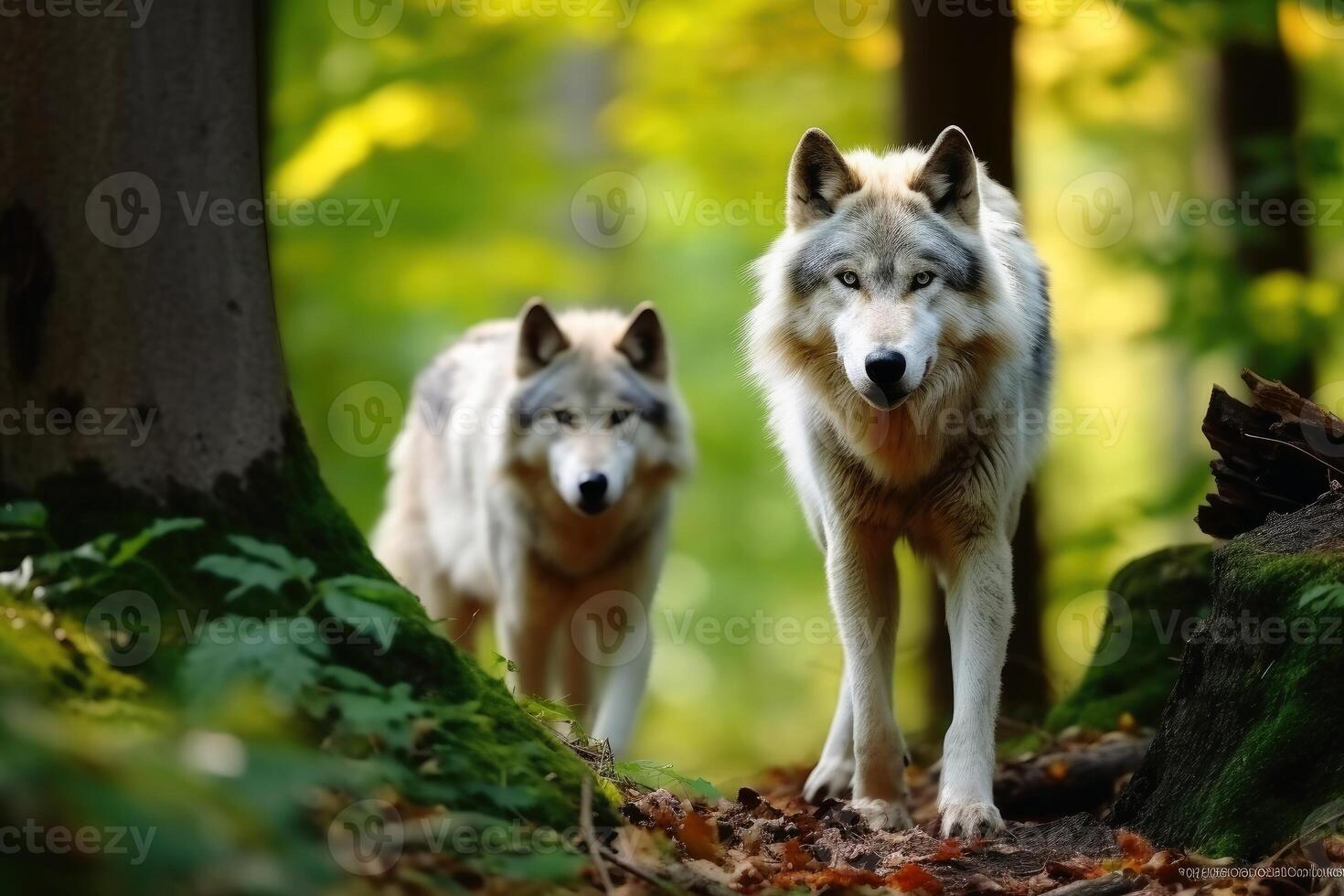 Wild wolves in a forest created with generative AI technology. photo