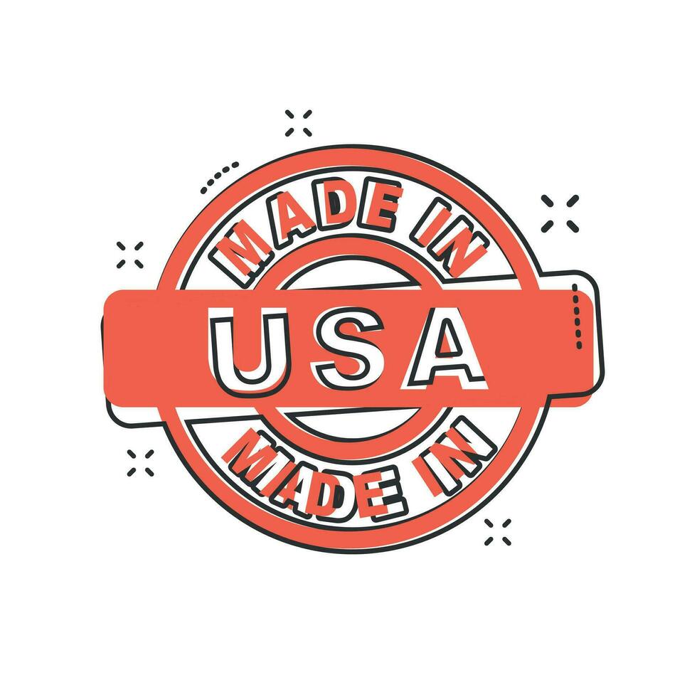 Cartoon made in USA icon in comic style. USA manufactured illustration pictogram. Produce sign splash business concept. vector