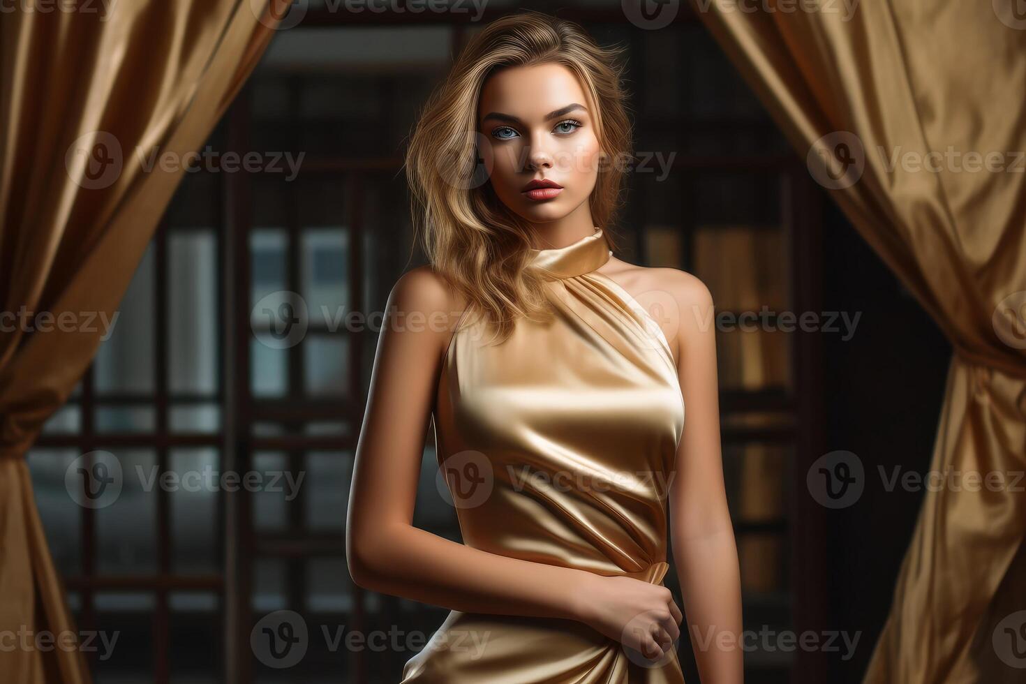 A beautiful woman in a tight silk dress created with technology. photo