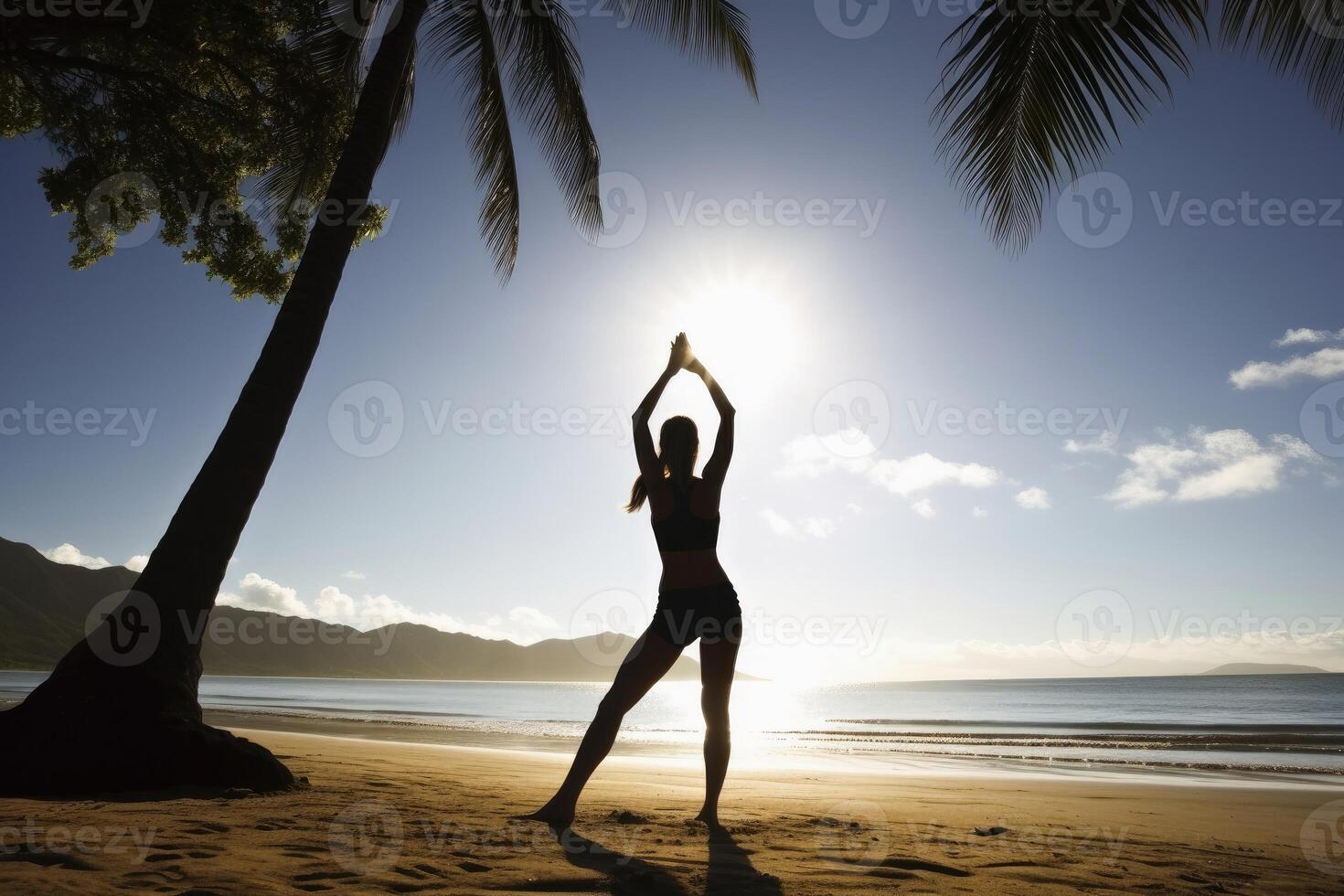 A young woman does yoga in the sun at a tropical beach created with generative AI technology. photo