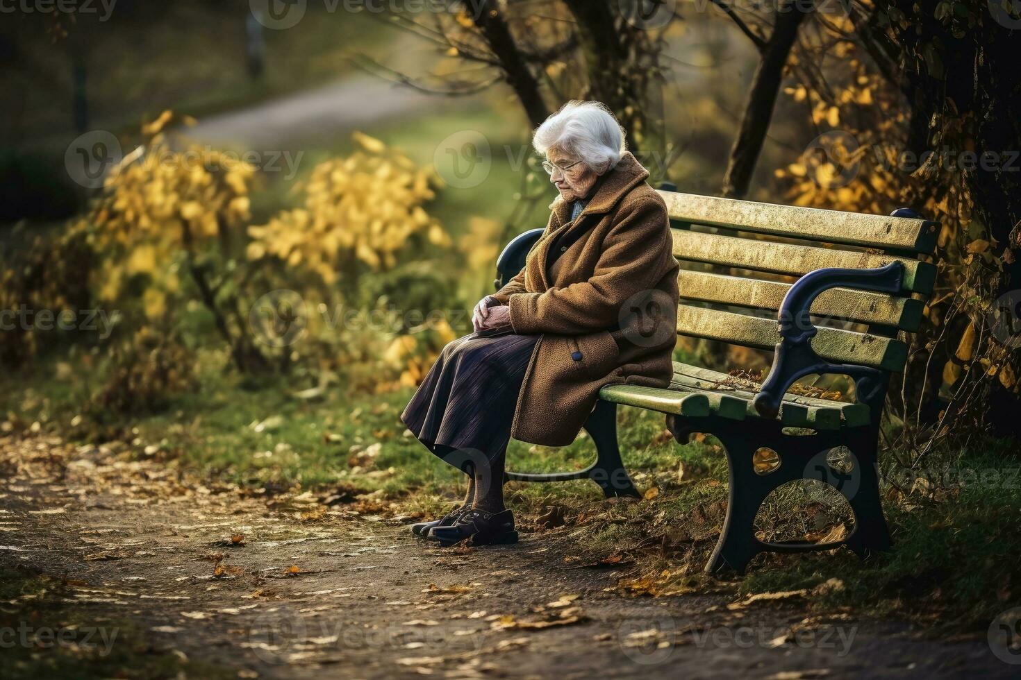 un solitario retirado mujer en un banco creado con generativo ai tecnología. foto