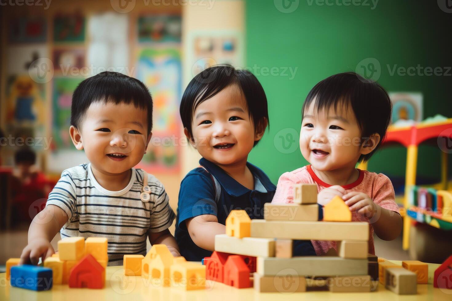 contento jugando niños en un jardín de infancia creado con generativo ai tecnología. foto