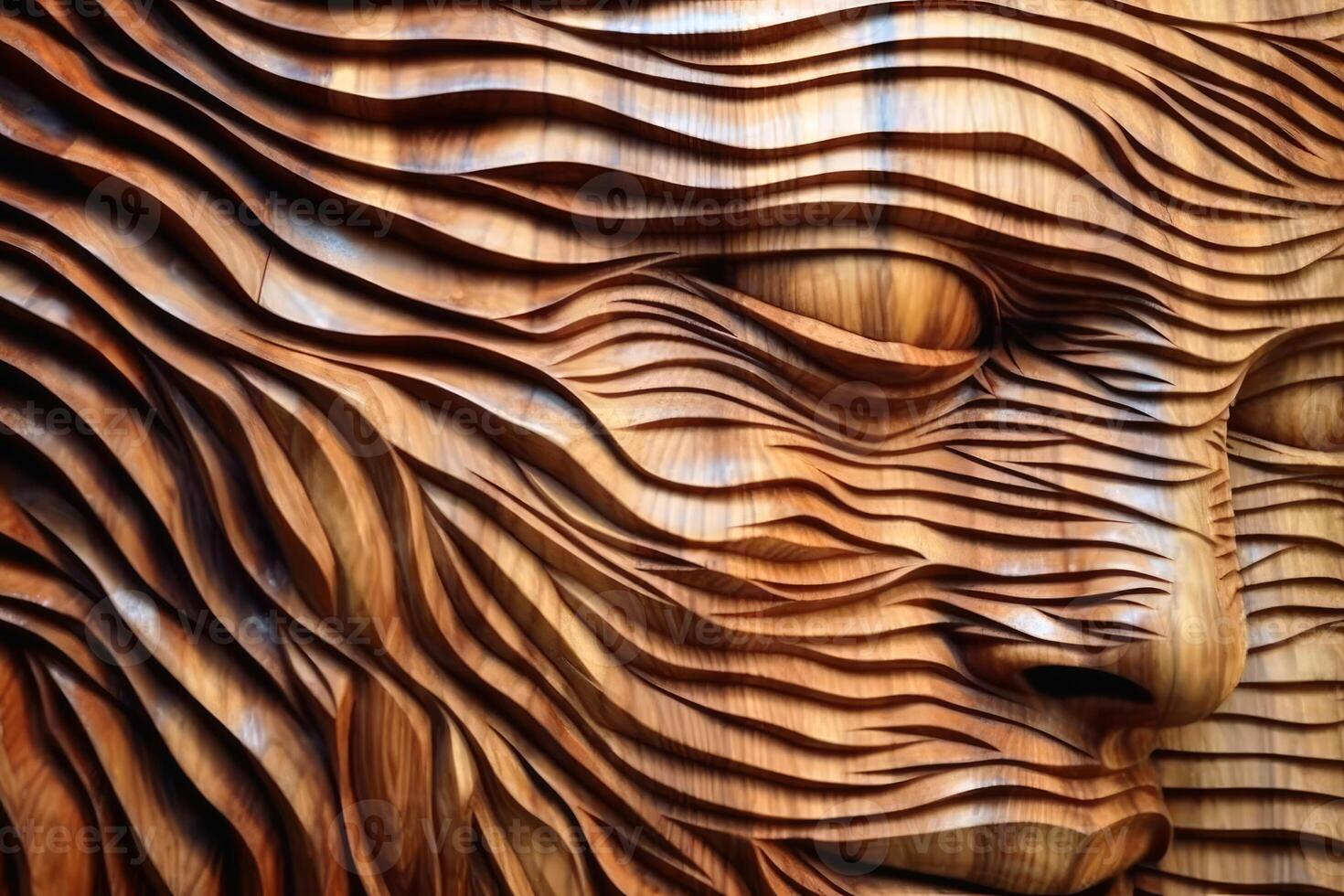 Wooden womans face sculpture created with technology. photo