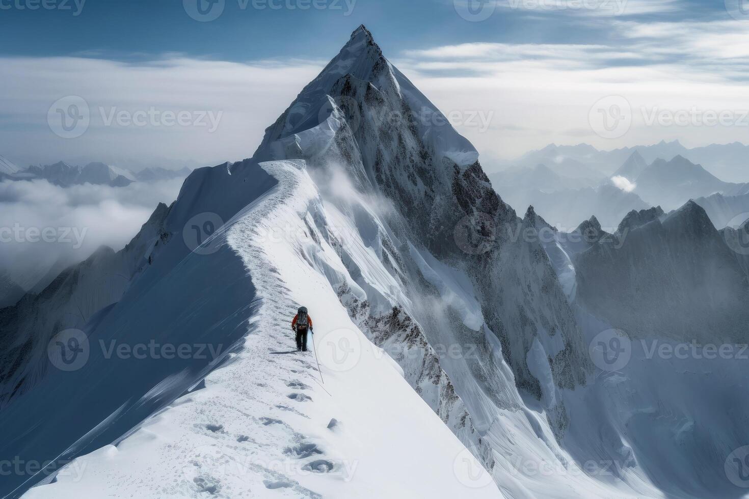 mujer soportes en parte superior de rocoso montaña en contra fondo de cielo  con dramático nubes concepto, Copiar espacio para turismo industria  32500531 Foto de stock en Vecteezy