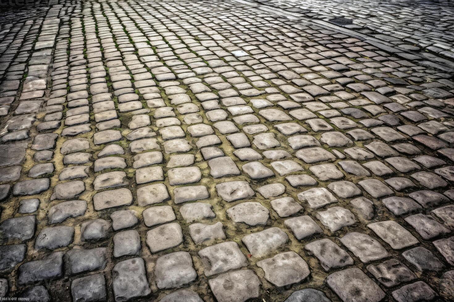 Old historical cobblestone road background texture created with technology. photo