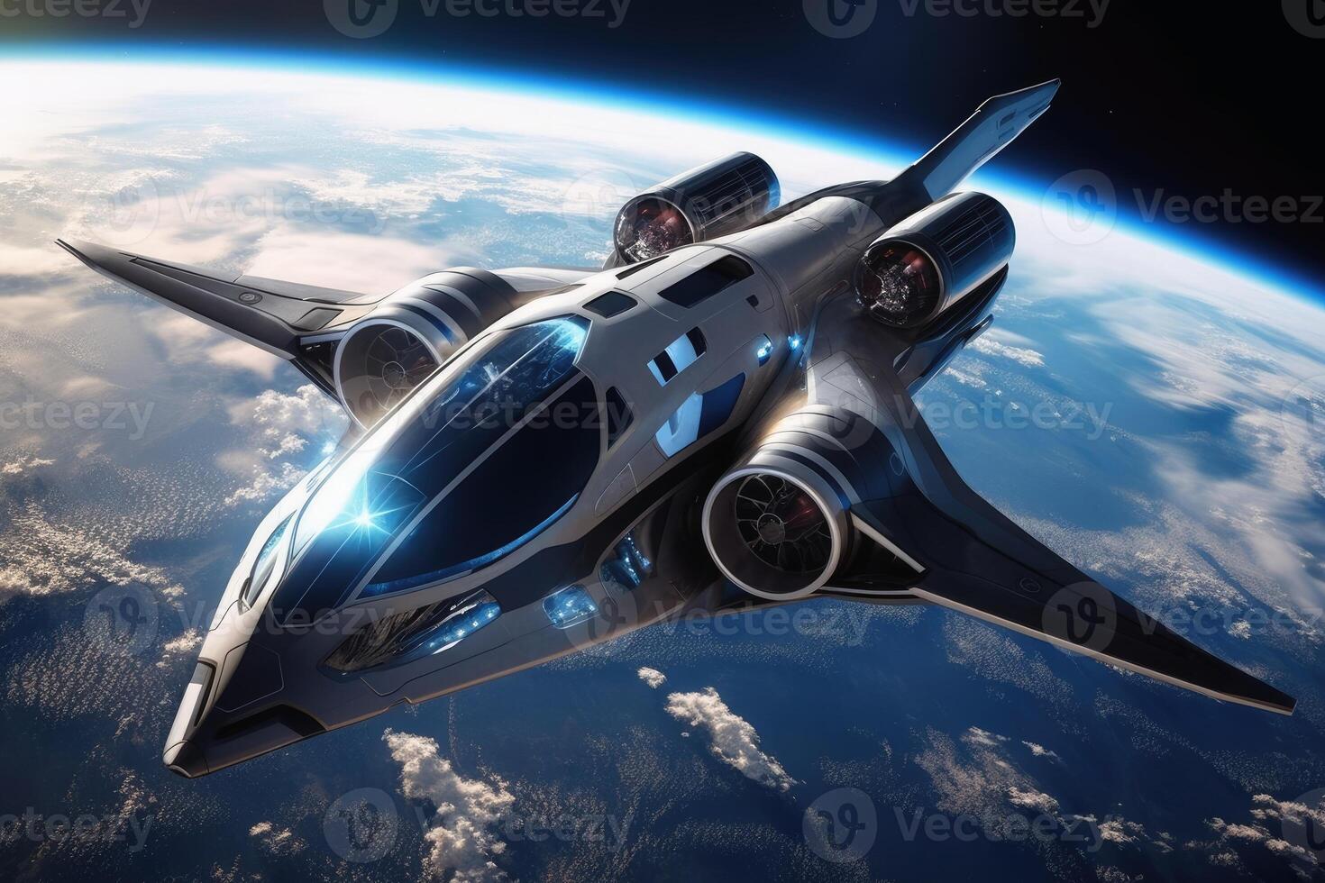 A futuristic aircraft in space with planet earth in the background created with technology. photo