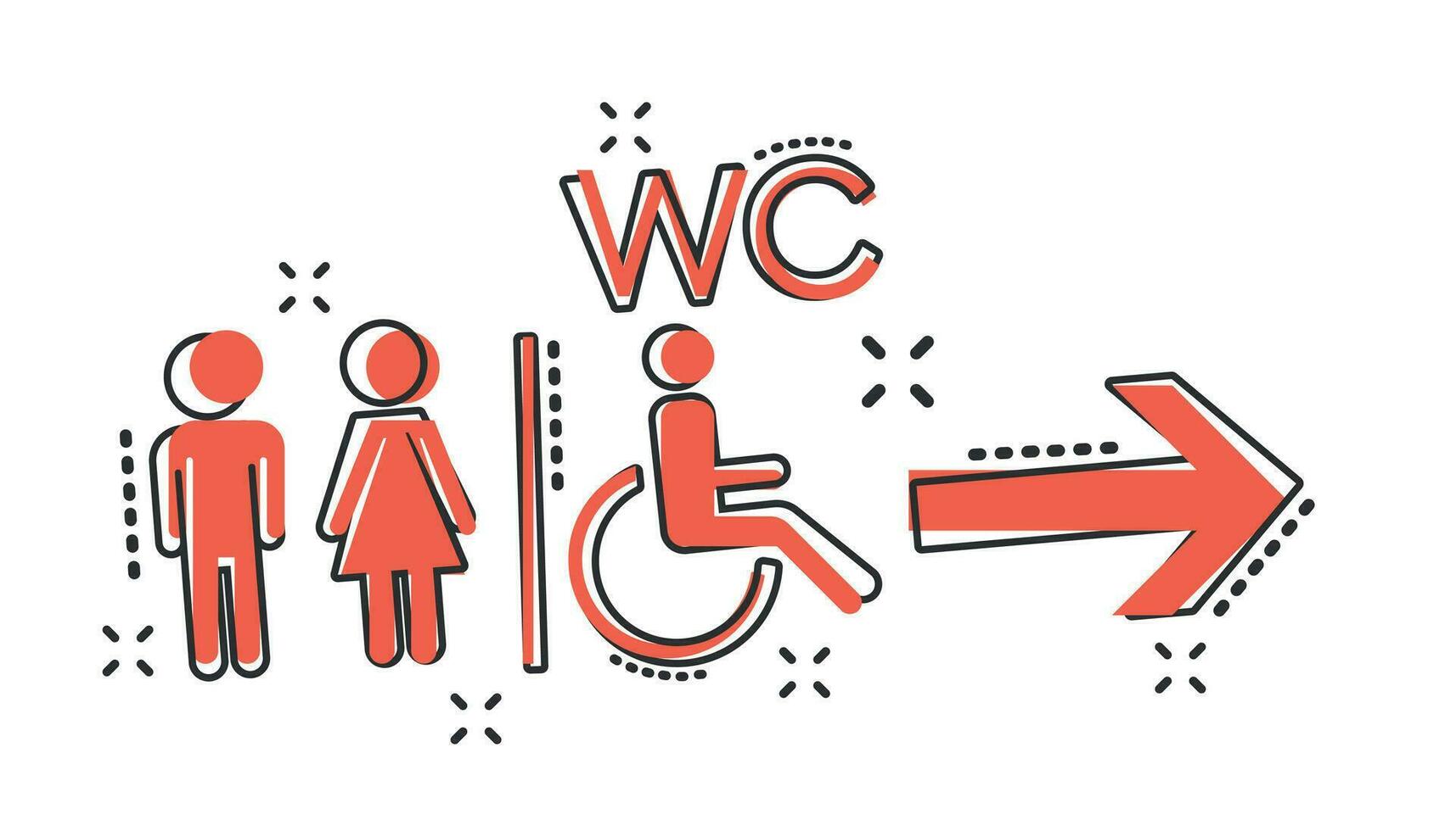 Vector cartoon WC, toilet icon in comic style. Men and women restroom sign illustration pictogram. WC business splash effect concept.