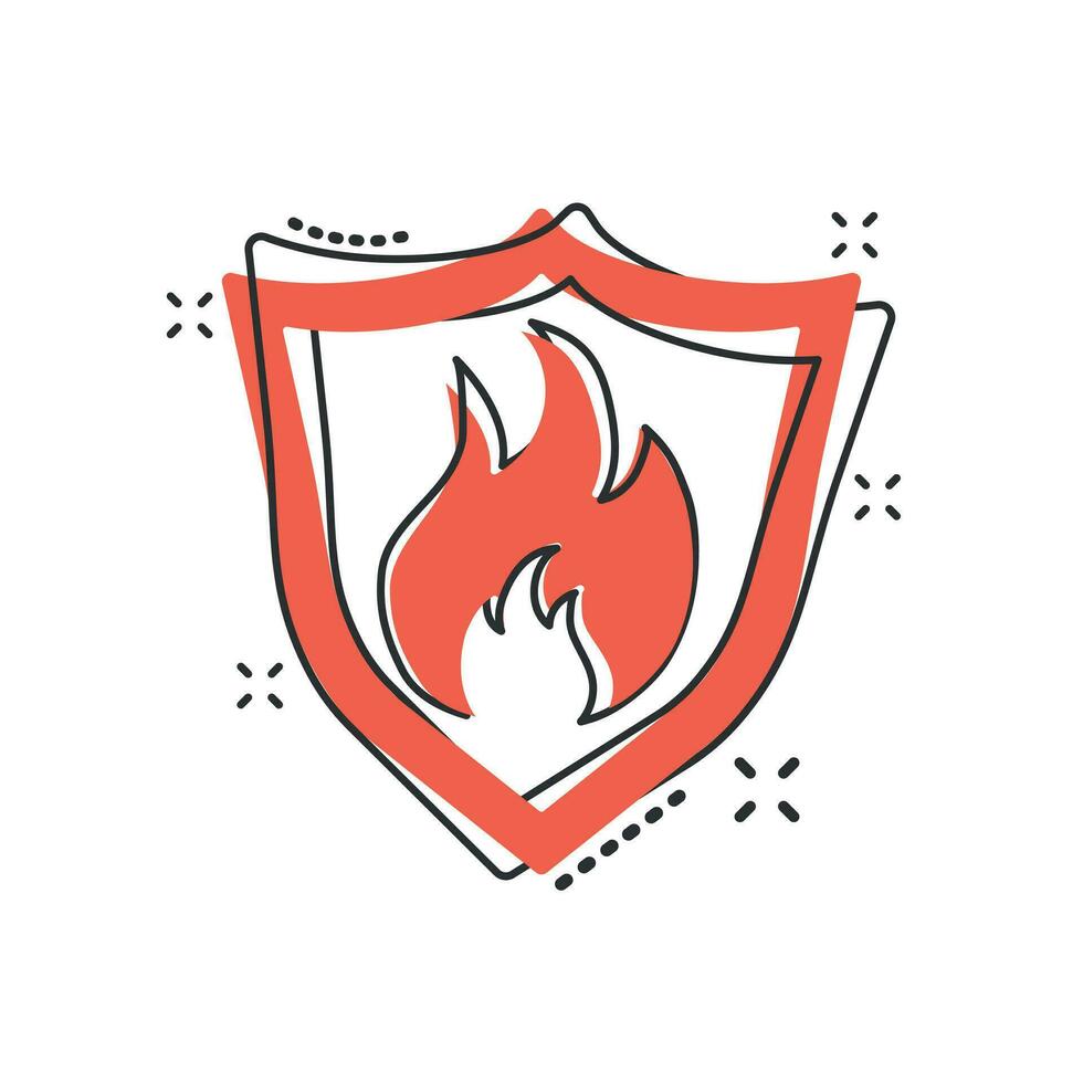 Vector cartoon fire warning shield sign icon in comic style. Flame protection sign illustration pictogram. Fire business splash effect concept.