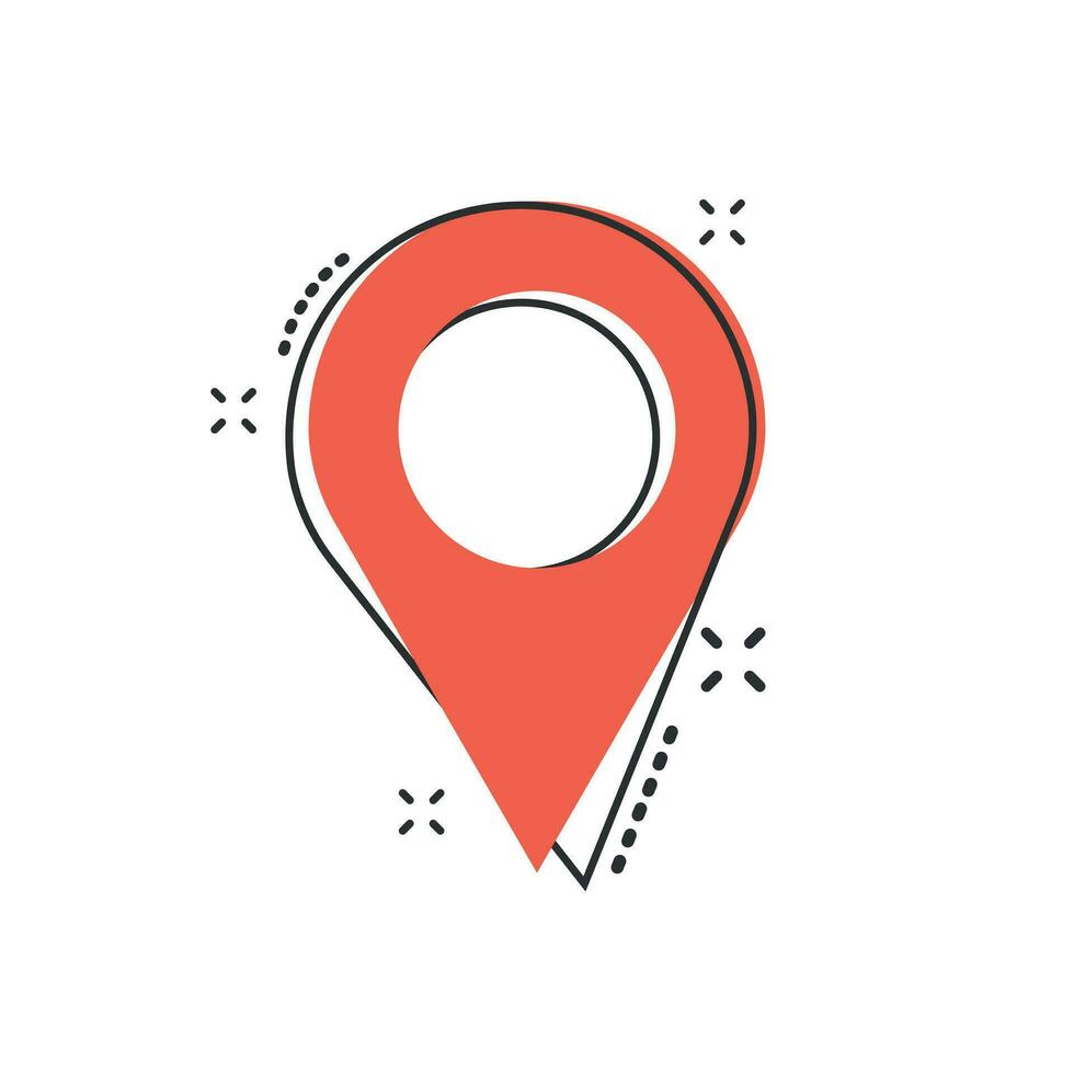 Vector cartoon pin location icon in comic style. Navigation map, gps sign illustration pictogram. Pin business splash effect concept.