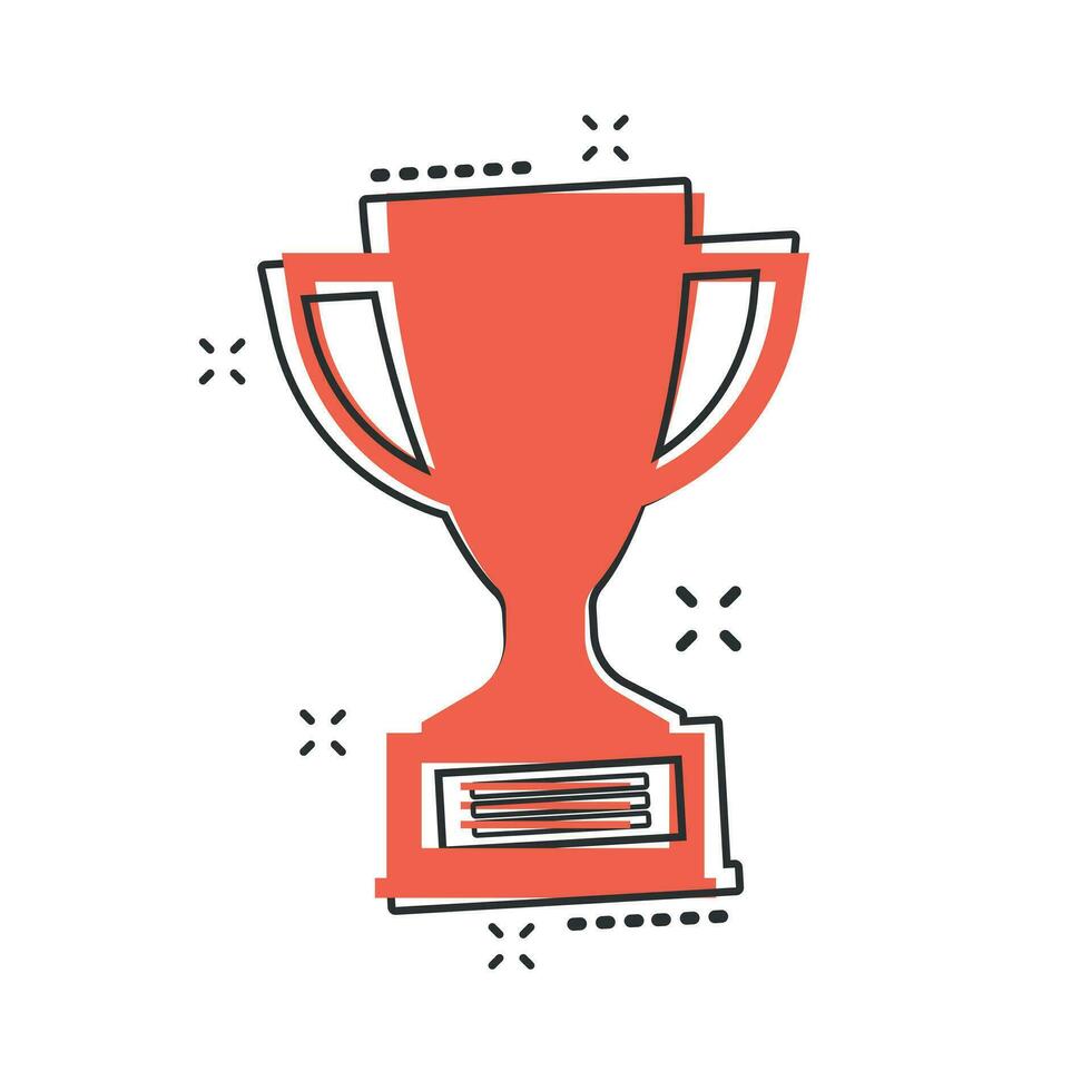 Vector cartoon trophy cup icon in comic style. Winner sign illustration pictogram. Award prize business splash effect concept.