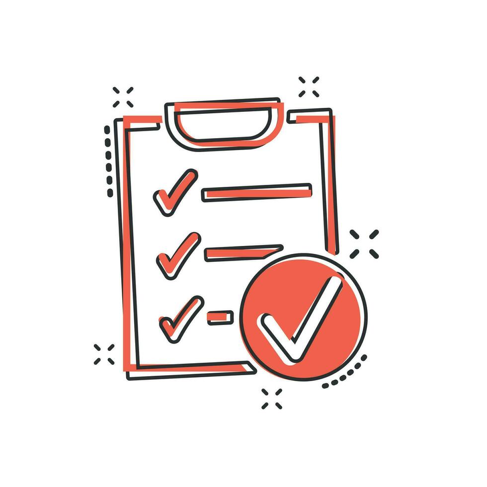 Vector cartoon checklist icon in comic style. Checklist, task list sign illustration pictogram. Survey business splash effect concept.