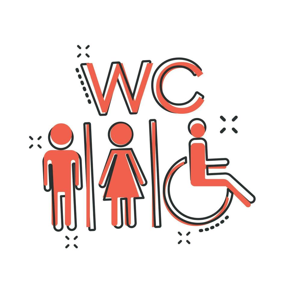 Vector cartoon WC, toilet icon in comic style. Men and women restroom sign illustration pictogram. WC business splash effect concept.