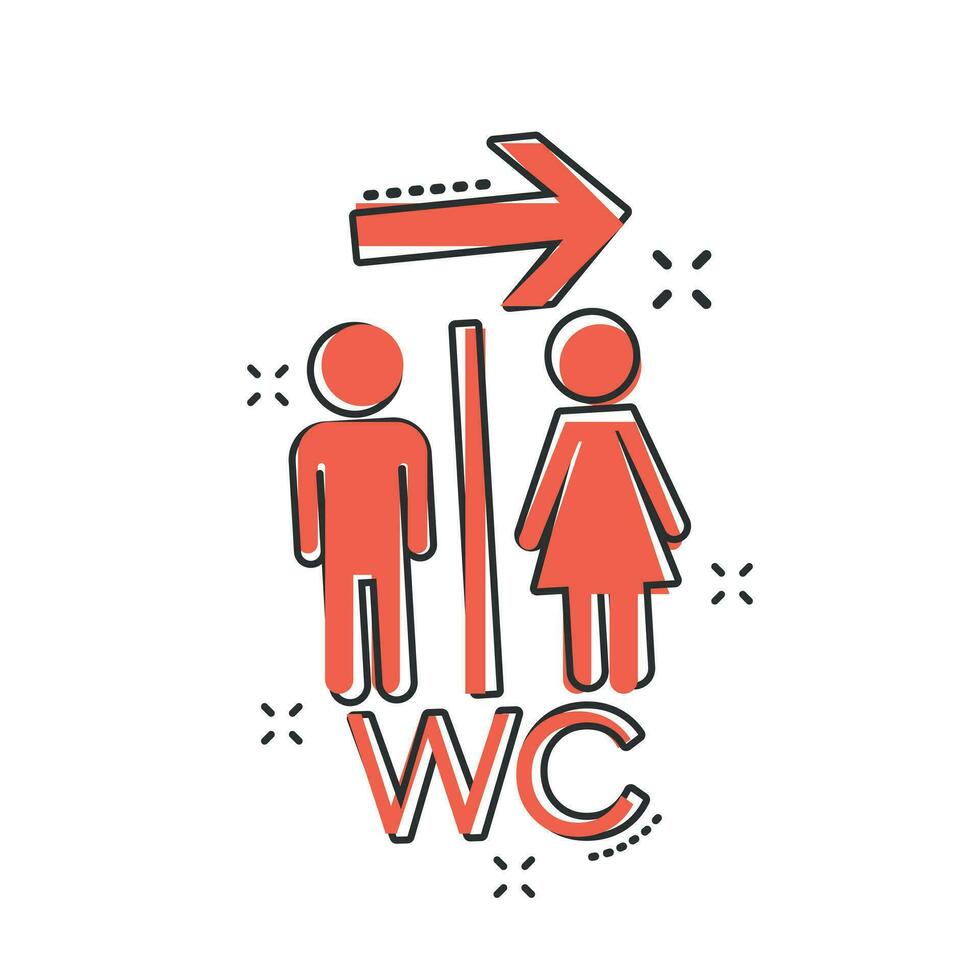 Vector cartoon WC, toilet icon in comic style. Men and women restroom sign illustration pictogram. WC business splash effect concept.