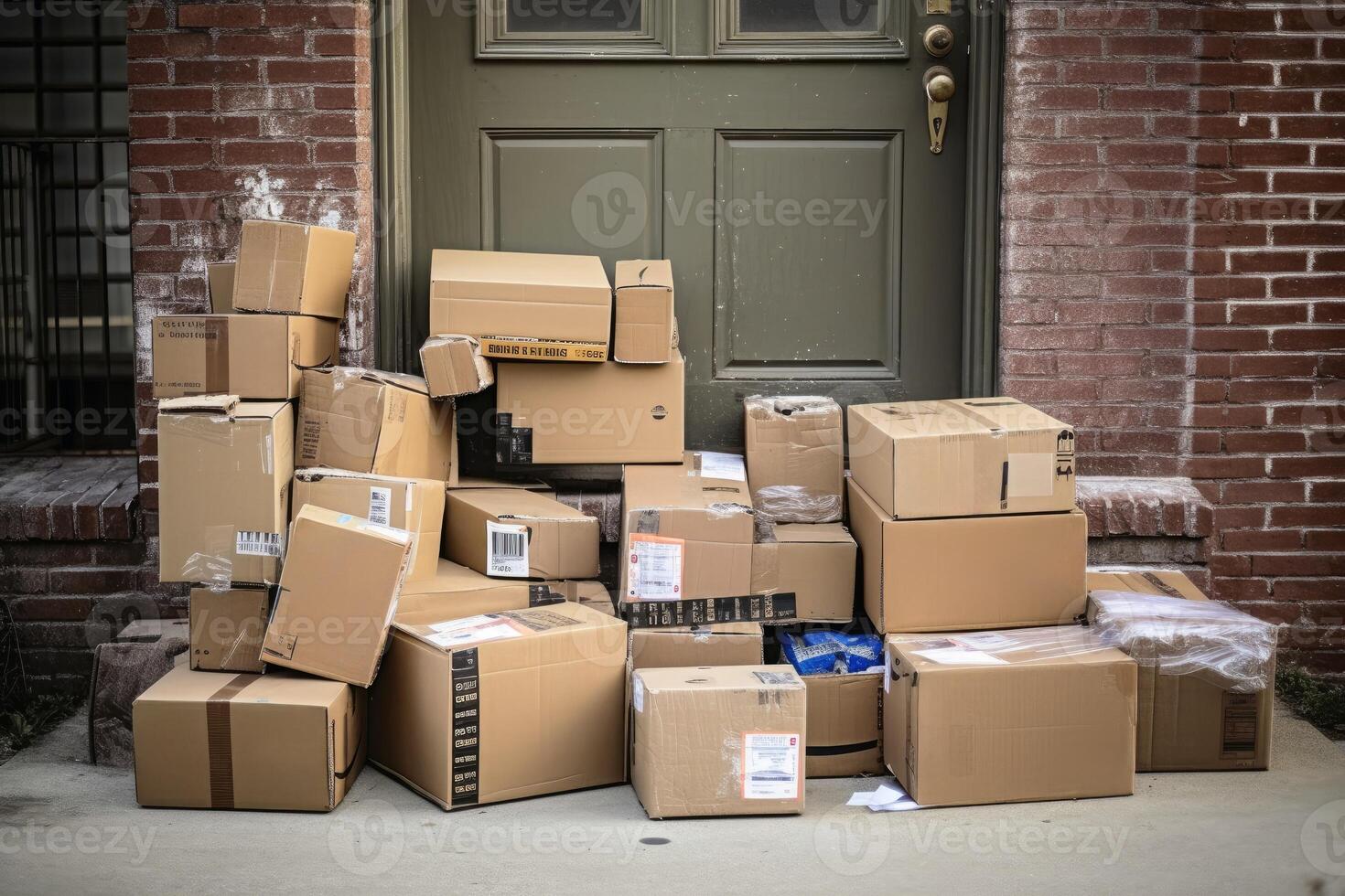Unclaimed parcels at a front door created with technology. photo