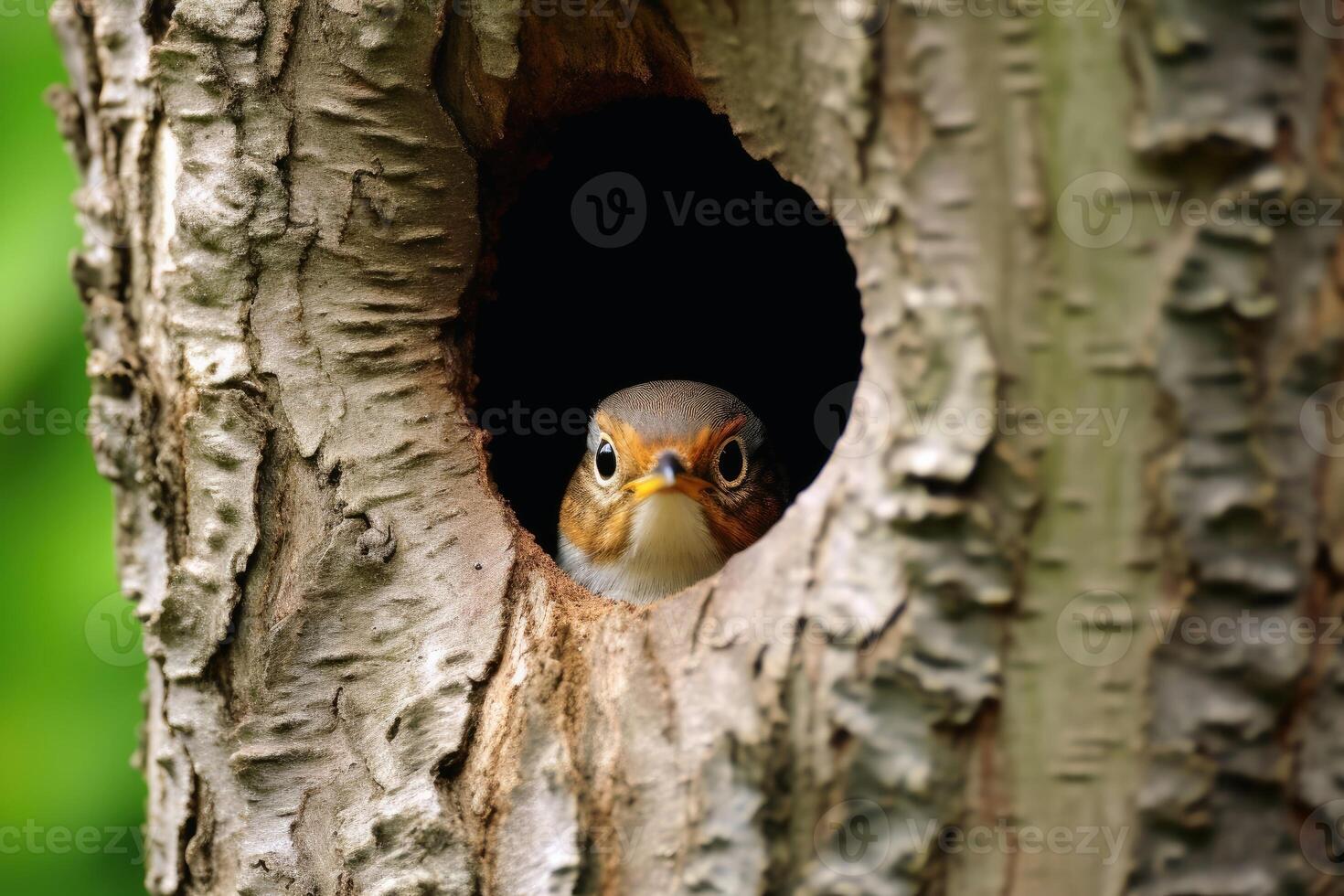 Bird peek a boo out of a tree created with generative AI technology. photo