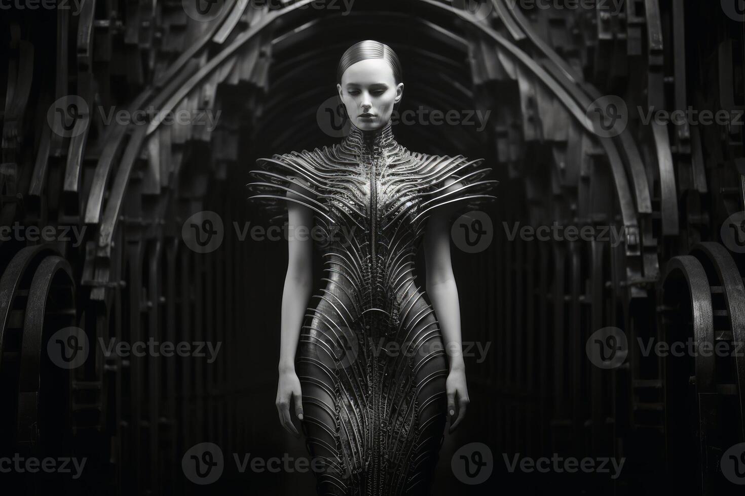 A woman wearing an elegant dress made of steel created with generative AI technology. photo