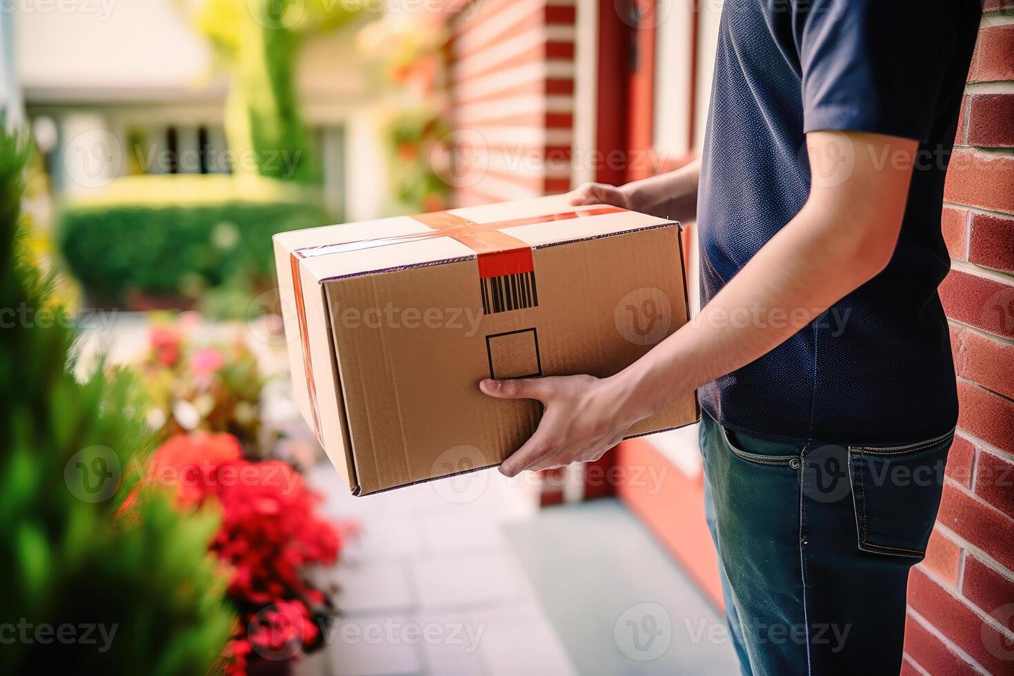 un paquete o empaquetar portador trae un paquete o empaquetar a un frente puerta creado con generativo ai tecnología. foto