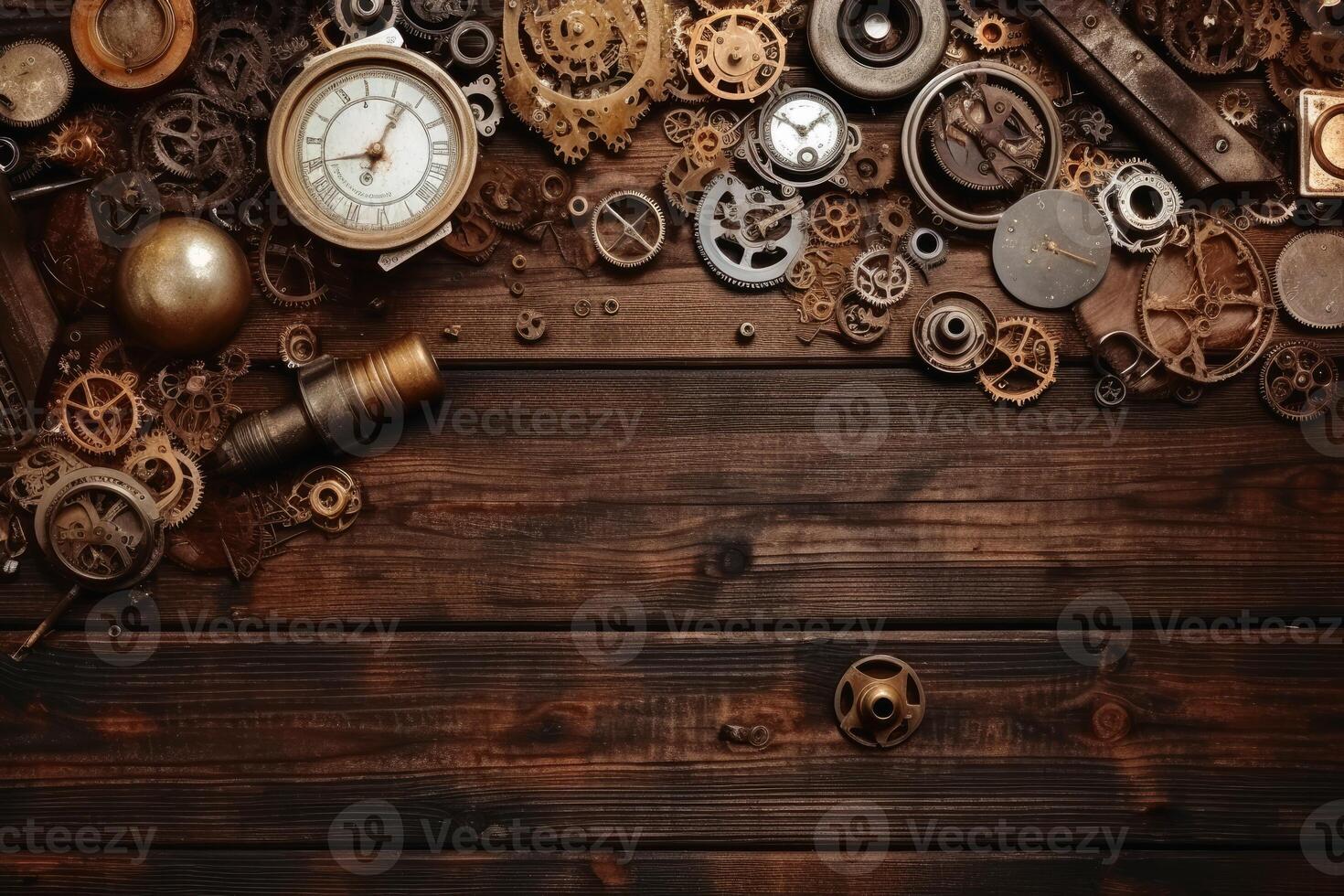 Steampunk background on a wooden surface with copy space created with generative AI technology. photo