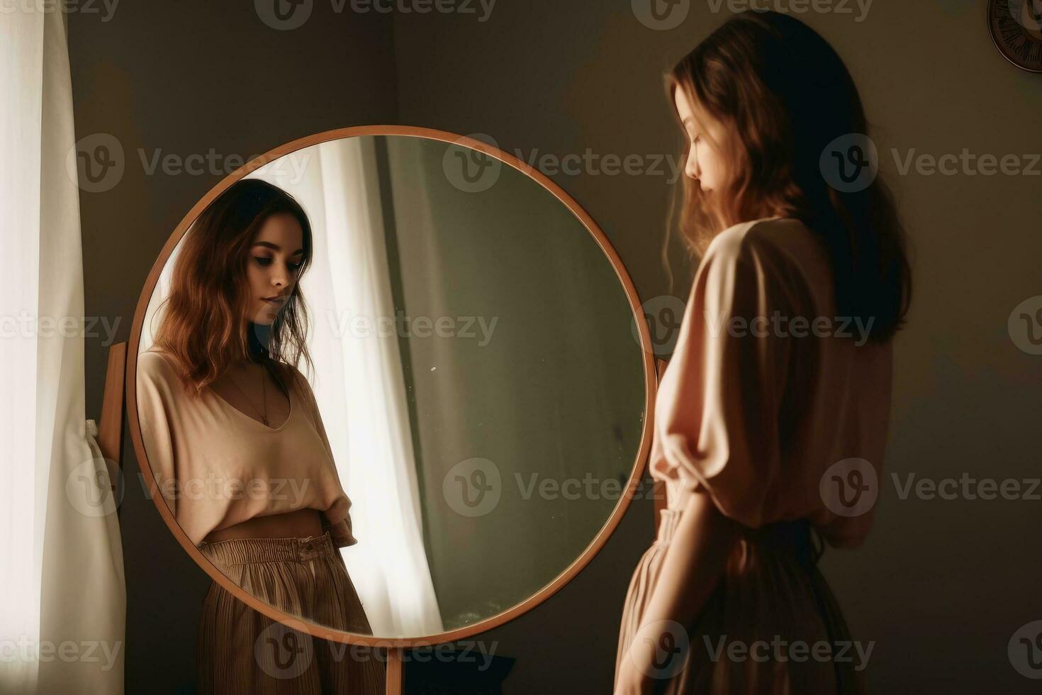 A woman looking into a mirror created with generative AI technology. photo